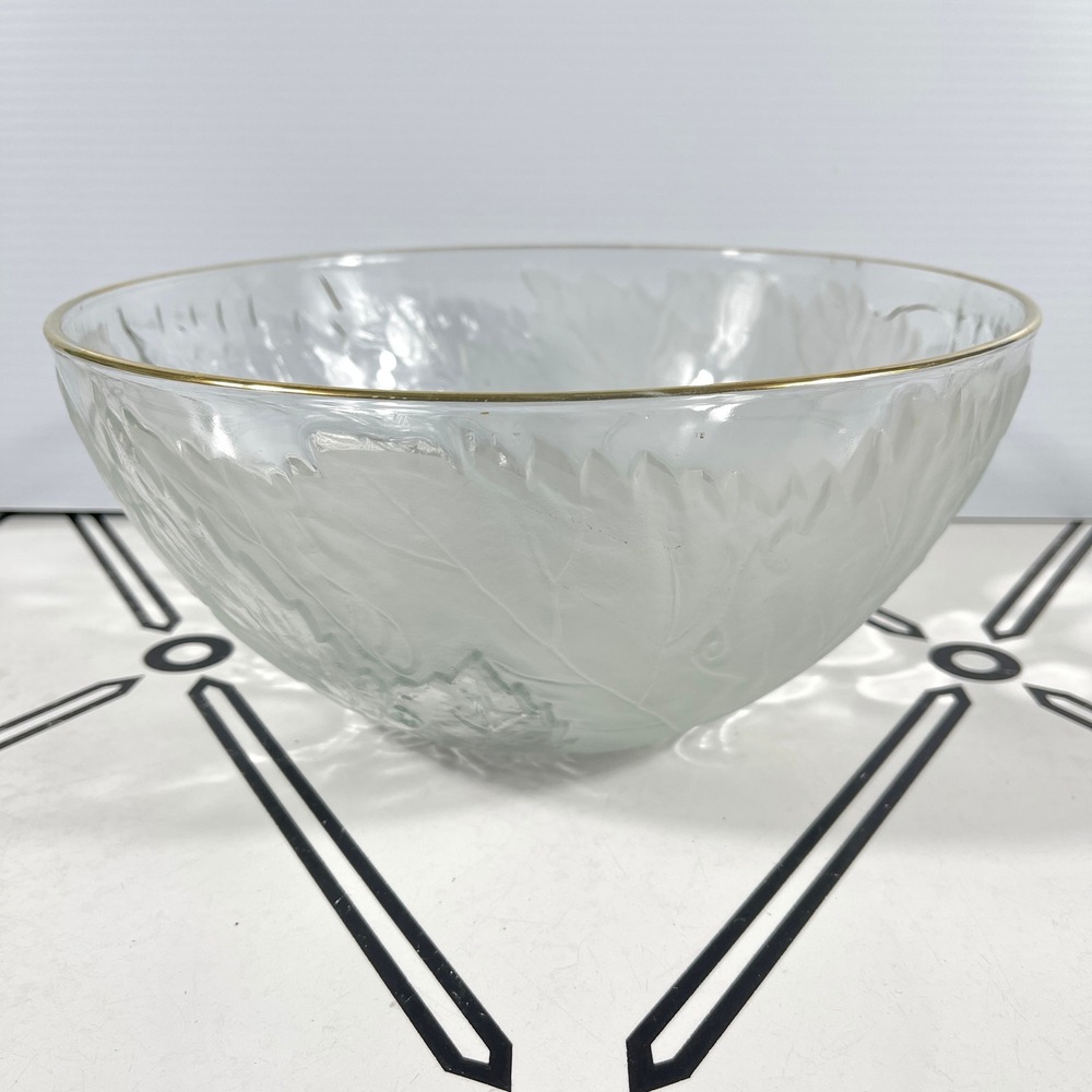 VTG KIG Indonesia Frosted Glass Leaf Grape Serving Bowl Gold Rim 11‎ Inch Round